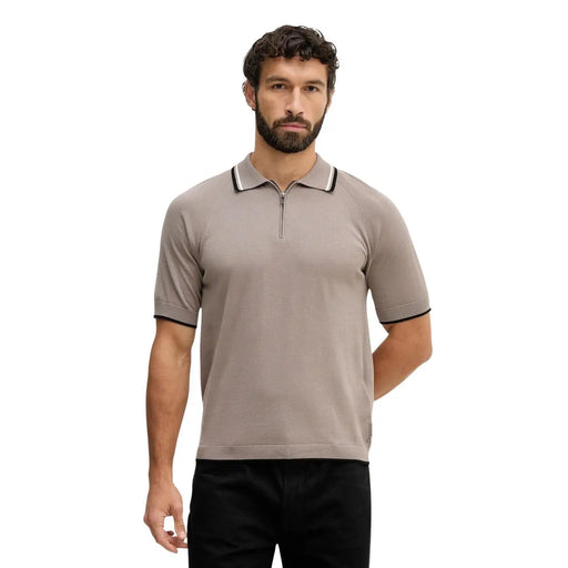 Armani Exchange men polo brown zip round neck cotton shirt with beige short sleeves and black white trim on collar and cuffs