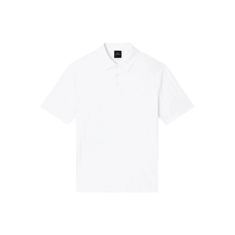 Armani Exchange men polo white short sleeve 100 percent cotton shirt with classic collar and subtle brand label at neckline