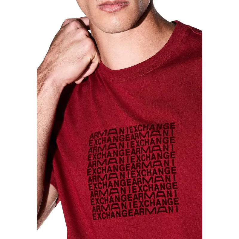 Armani Exchange men red cotton t shirt featuring bold black repeating graphic text design on the front