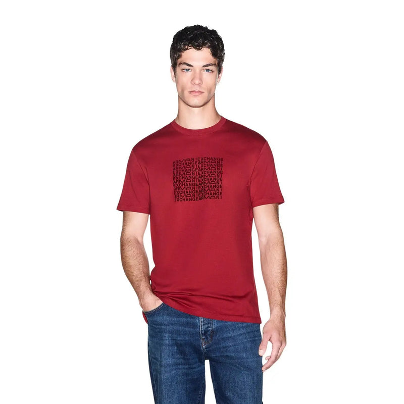 Armani Exchange men red cotton t shirt featuring black exchange text pattern on the chest