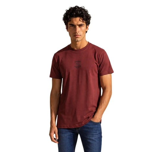 Armani Exchange men red cotton t shirt with a crew neck and small black logo on the left chest
