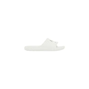 White slip-on slide sandal with minimalist design and subtle blue logo print on strap from armani exchange men rubber slippers