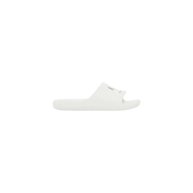 White slip-on slide sandal with minimalist design and subtle blue logo print on strap from armani exchange men rubber slippers
