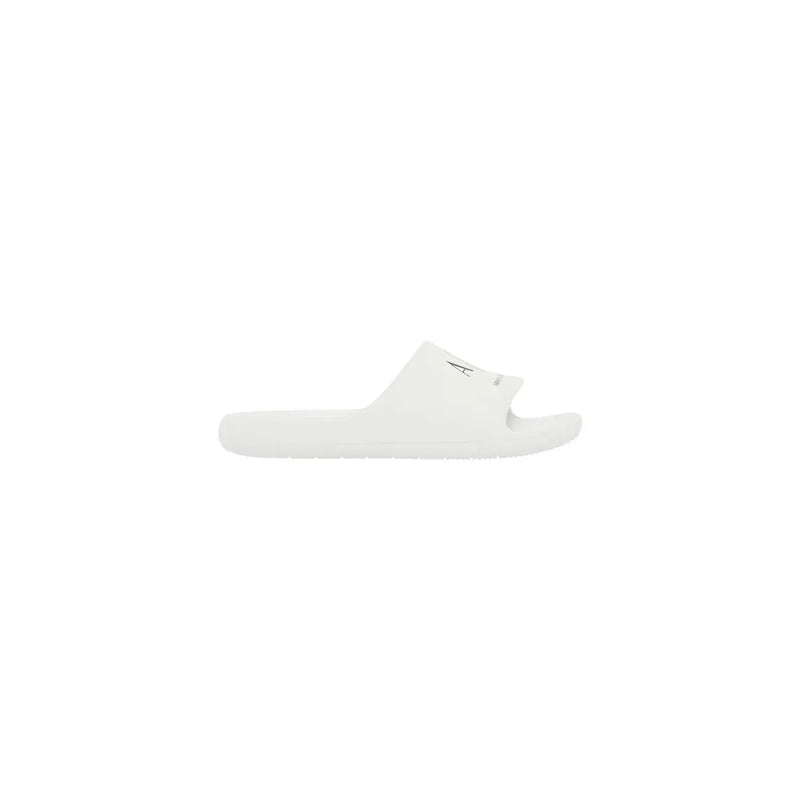 White slip-on slide sandal with minimalist design and subtle blue logo print on strap from armani exchange men rubber slippers