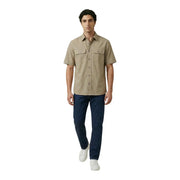 Beige short-sleeved button-up Armani Exchange men shirt with two chest pockets and a classic collar