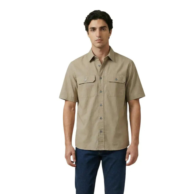 Armani Exchange men shirt khaki short-sleeved button-up with two chest pockets and silver-toned buttons