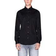 Armani Exchange men shirt black long-sleeved button-down with subtle sheen and silver buttons in refined fabric