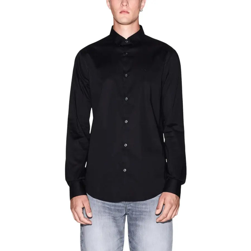 Armani Exchange men shirt black long-sleeved button-down with subtle sheen and silver buttons in refined fabric
