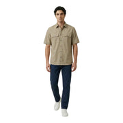 Beige short-sleeved button-up Armani Exchange men shirt with two chest pockets and a classic collar