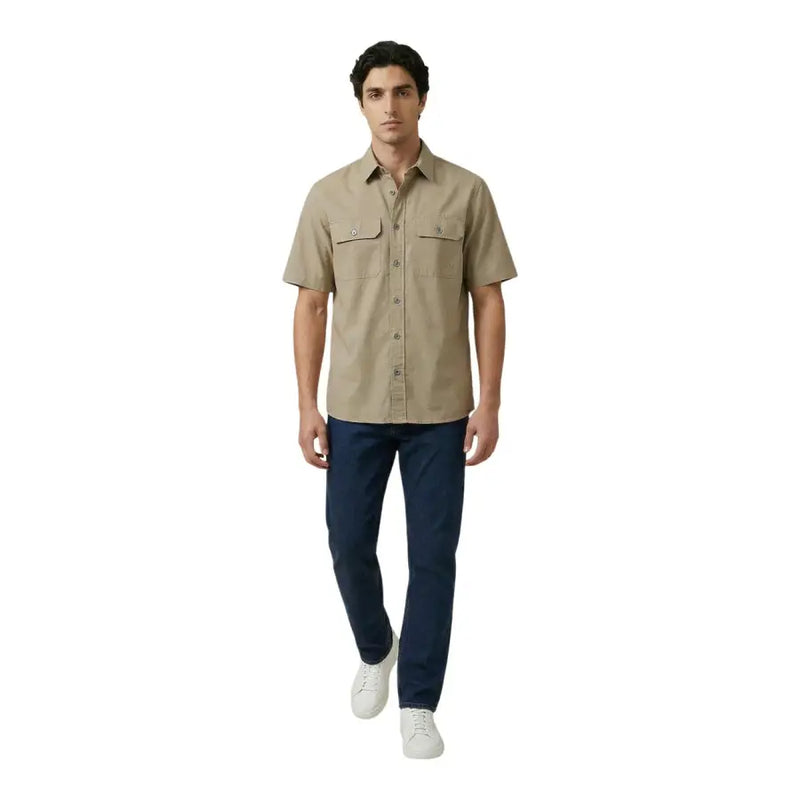 Beige short-sleeved button-up Armani Exchange men shirt with two chest pockets and a classic collar