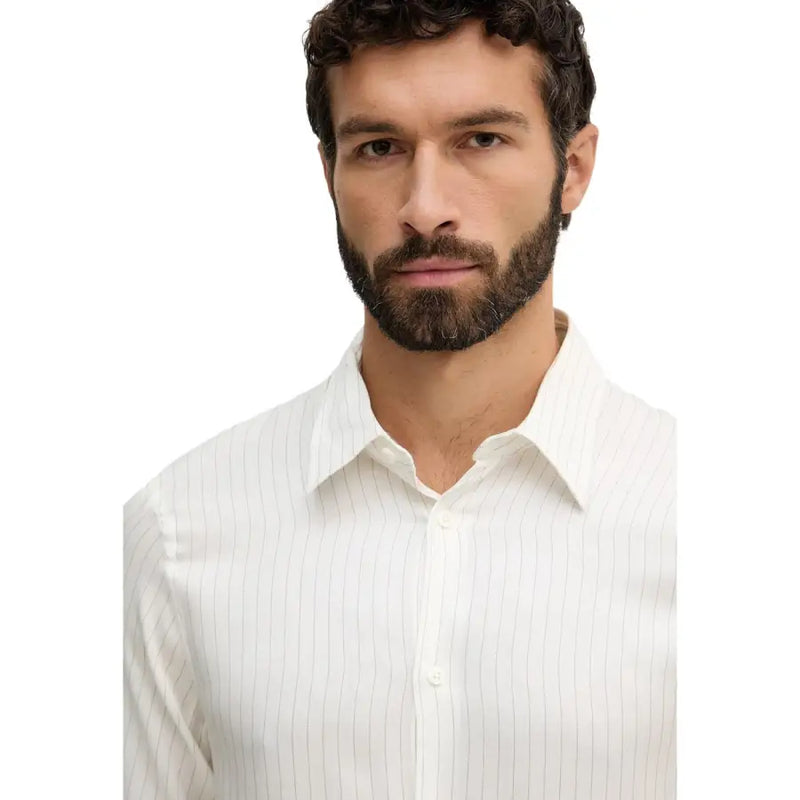 Armani Exchange men shirt featuring a crisp white fabric with subtle vertical pinstripes for formal wear