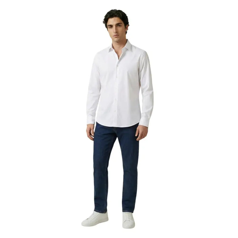 Armani Exchange men shirt with a crisp white long-sleeved button-down design and classic collar in neatly pressed fabric