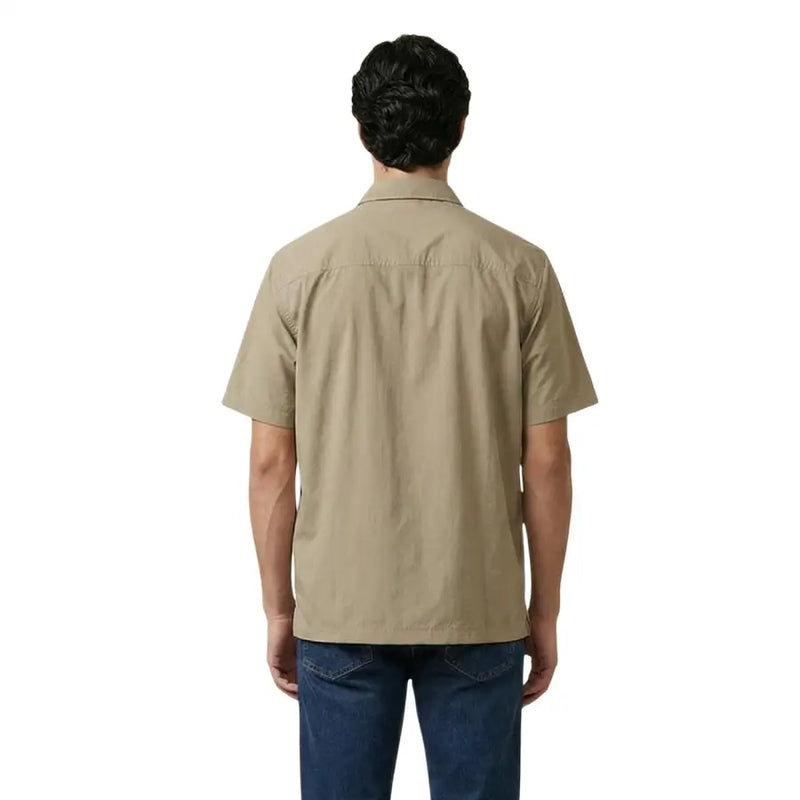 Beige short-sleeved button-up shirt with classic collar and subtle stitching by Armani Exchange men shirt