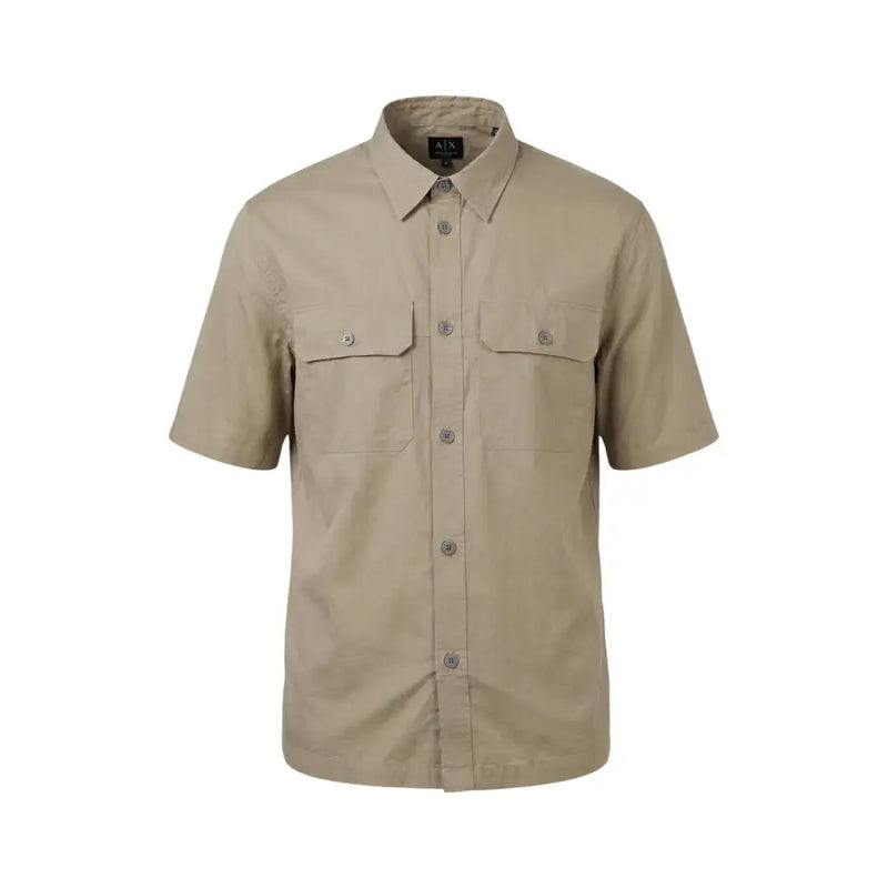 Beige short-sleeved Armani Exchange men shirt with collar and two chest pockets featuring a x brand label