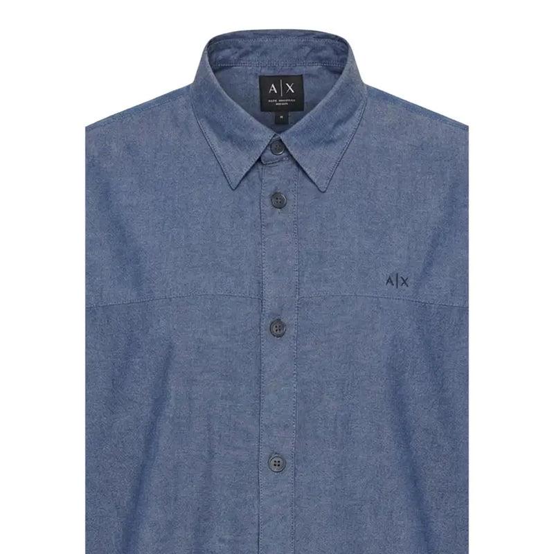 Armani Exchange men shirt blue heathered cotton button-down with subtle a x branding on chest and collar