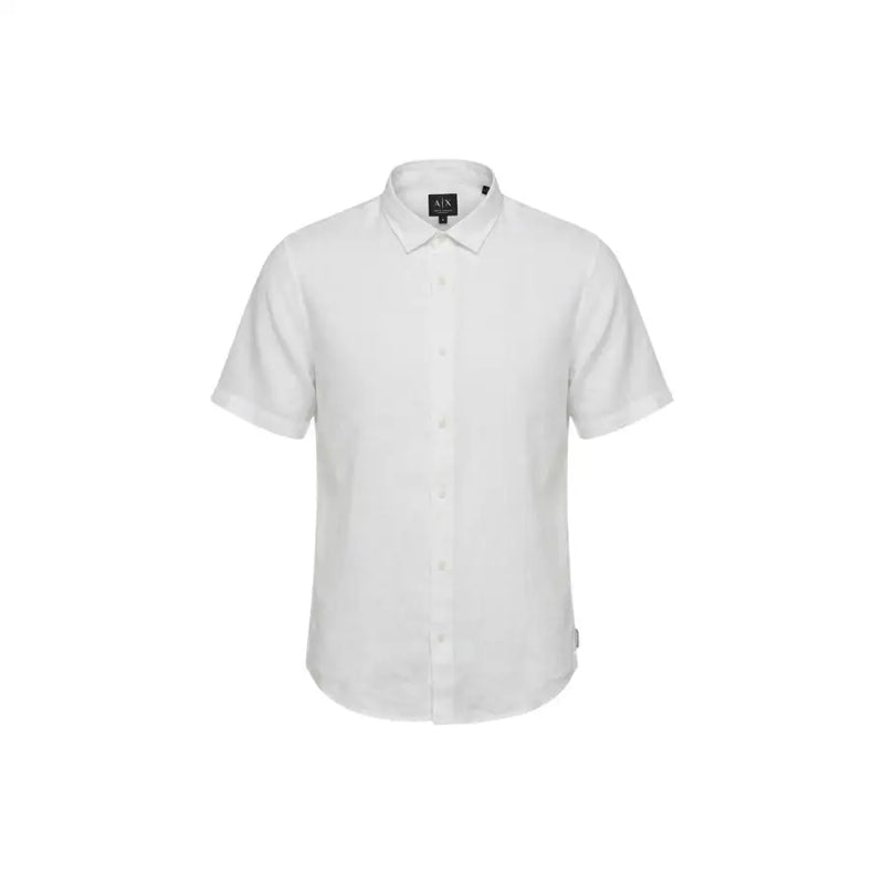 Armani Exchange men shirt white short-sleeved button-down with classic collar and subtle texture featuring logo label
