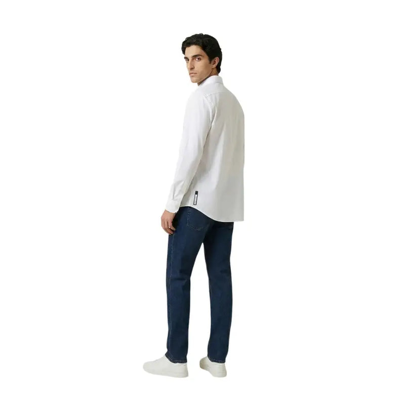 Back view of an Armani Exchange men’s white long-sleeved button-up shirt with subtle vertical logo on lower back seam