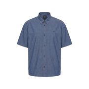 Armani Exchange men shirt blue short-sleeved button-up with subtle textured weave and small embroidered logo on chest