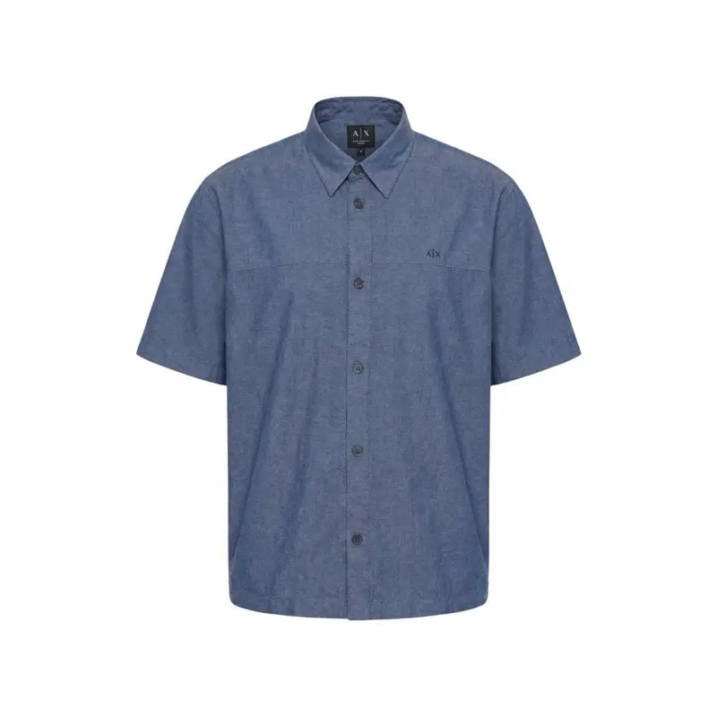 Armani Exchange men shirt blue short-sleeved button-up with subtle textured weave and small embroidered logo on chest