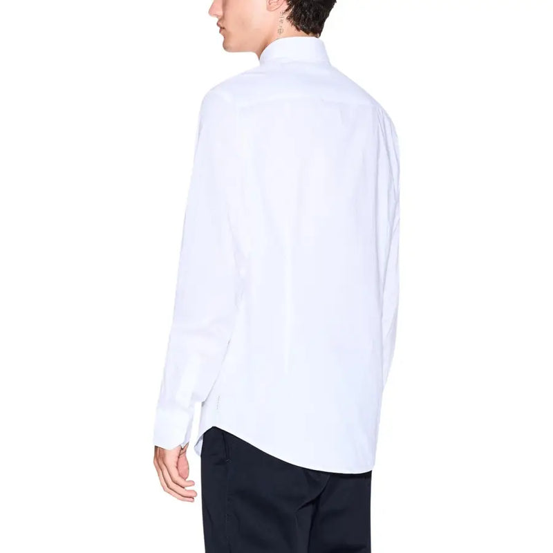 Armani Exchange men shirt featuring a crisp white long-sleeved dress shirt with a classic collar and tailored fit