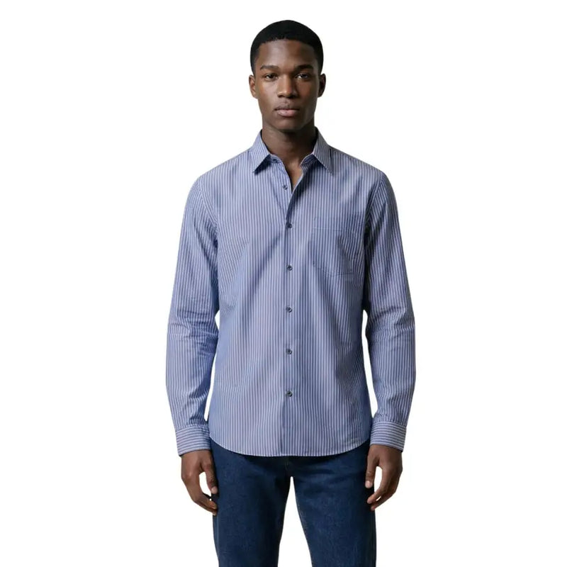 Armani Exchange men shirt long-sleeved blue and white striped button-down with classic collar and chest pocket