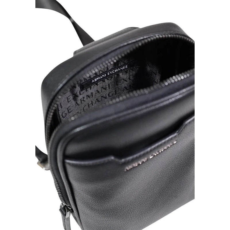 Armani Exchange men shoulder bag in black polyester with textured leather crossbody design and zipper closure