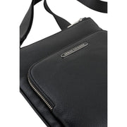 Armani Exchange men black textured leather crossbody bag with silver zipper and brand plaque polyester 21x22x3