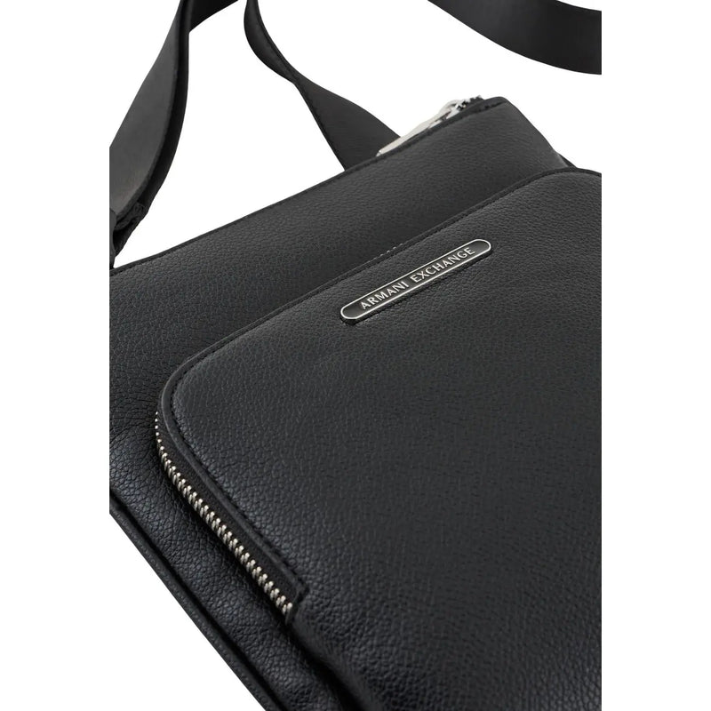Armani Exchange men black textured leather crossbody bag with silver zipper and brand plaque polyester 21x22x3