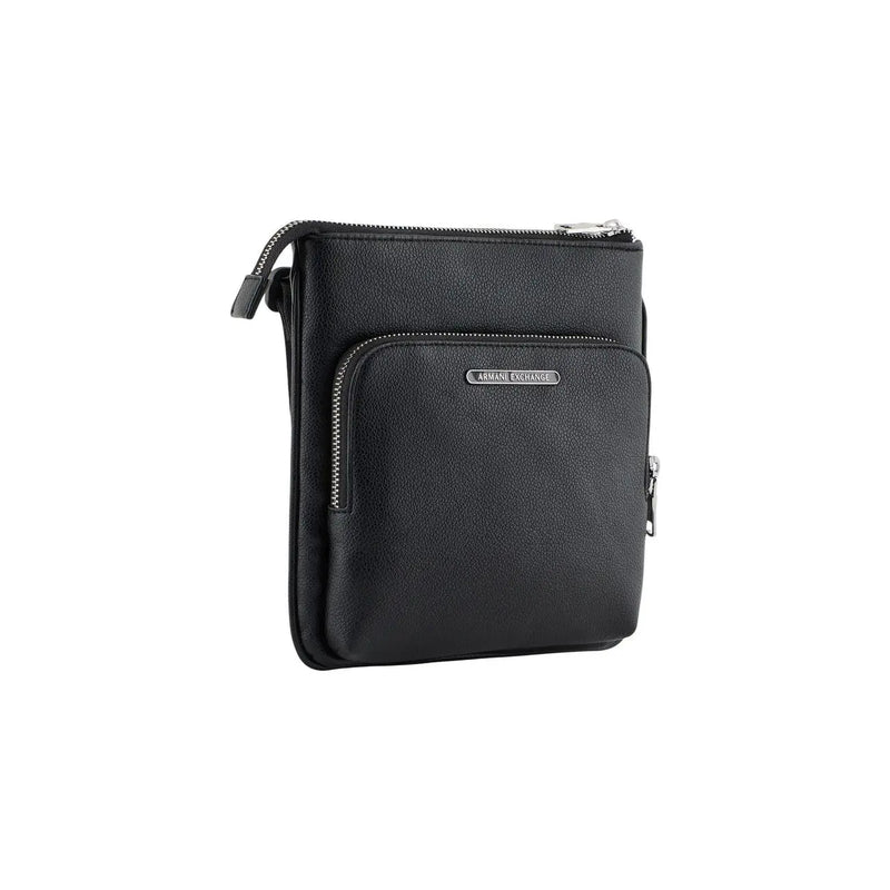 Armani Exchange men shoulder bag in black polyester with textured leather, silver zippers, and minimalist design 21x22x3 cm