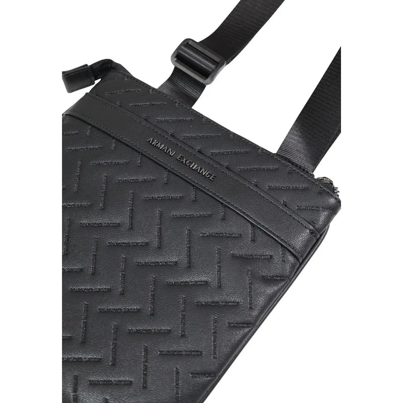 Black Armani Exchange men shoulder bag with embossed geometric pattern and textured polyester leather finish