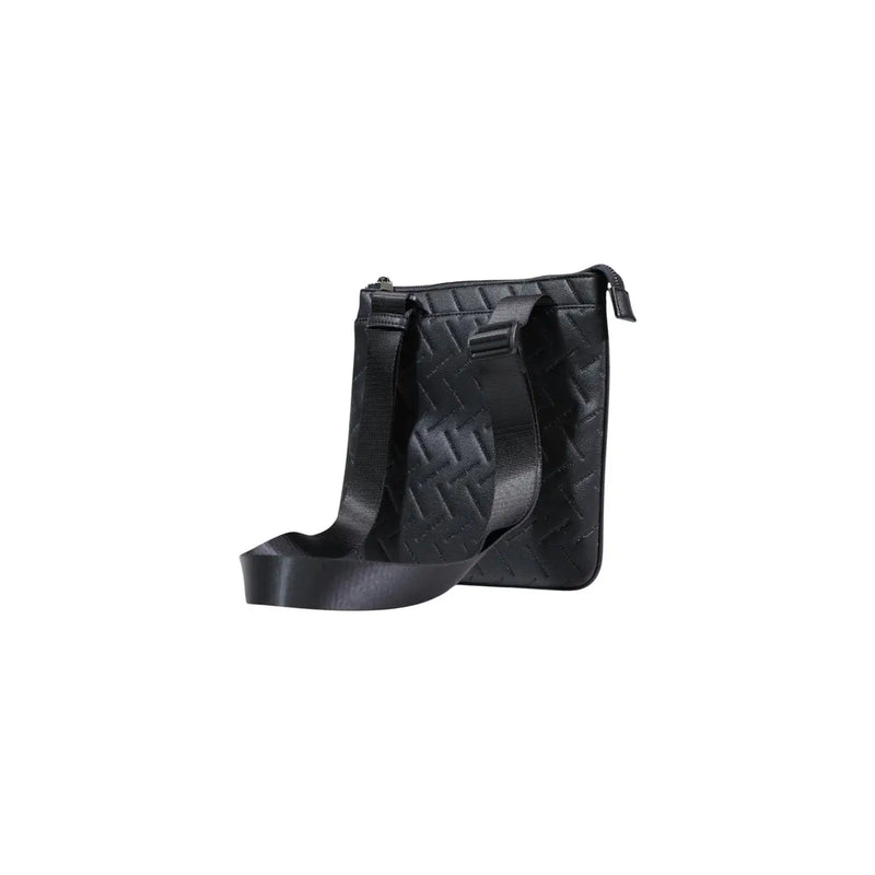 Armani Exchange men shoulder bag in black polyester with a woven pattern and adjustable leather crossbody strap