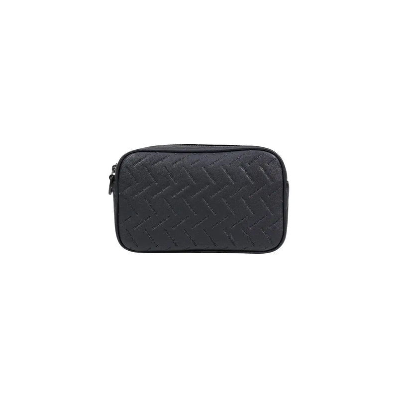 Black woven leather toiletry bag with subtle texture shown with Armani Exchange men shoulder bag polyester black 24x15x8