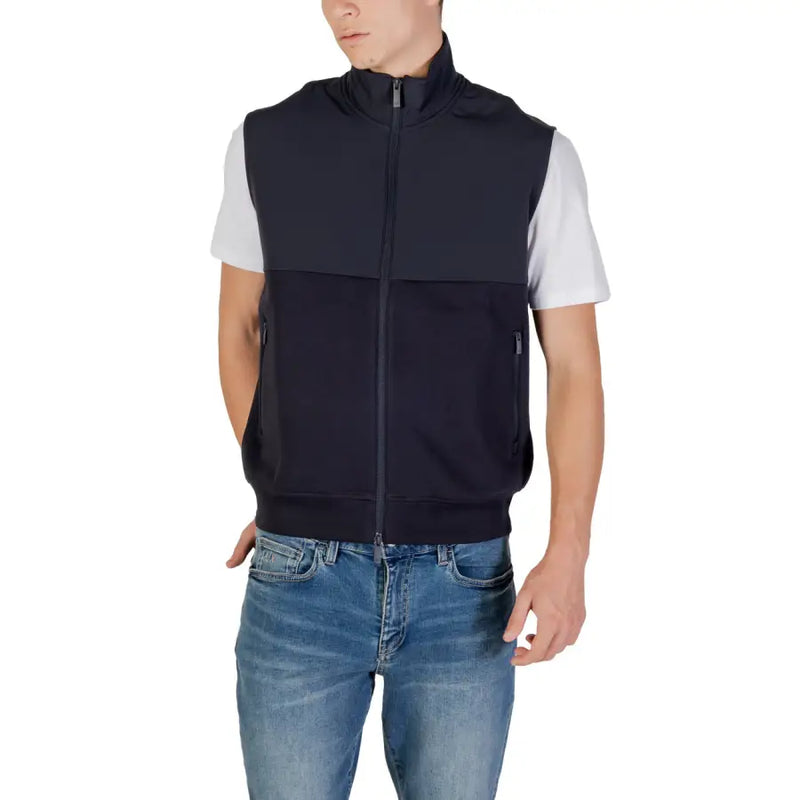 Armani Exchange Sweat-shirt sans manches zippé pour homme, bleu marine, en coton avec empiècements blancs aux épaules et poches latérales.
