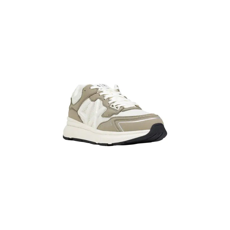 Armani Exchange men sneakers with green lace up polyester in muted beige and white with glossy patent leather accents