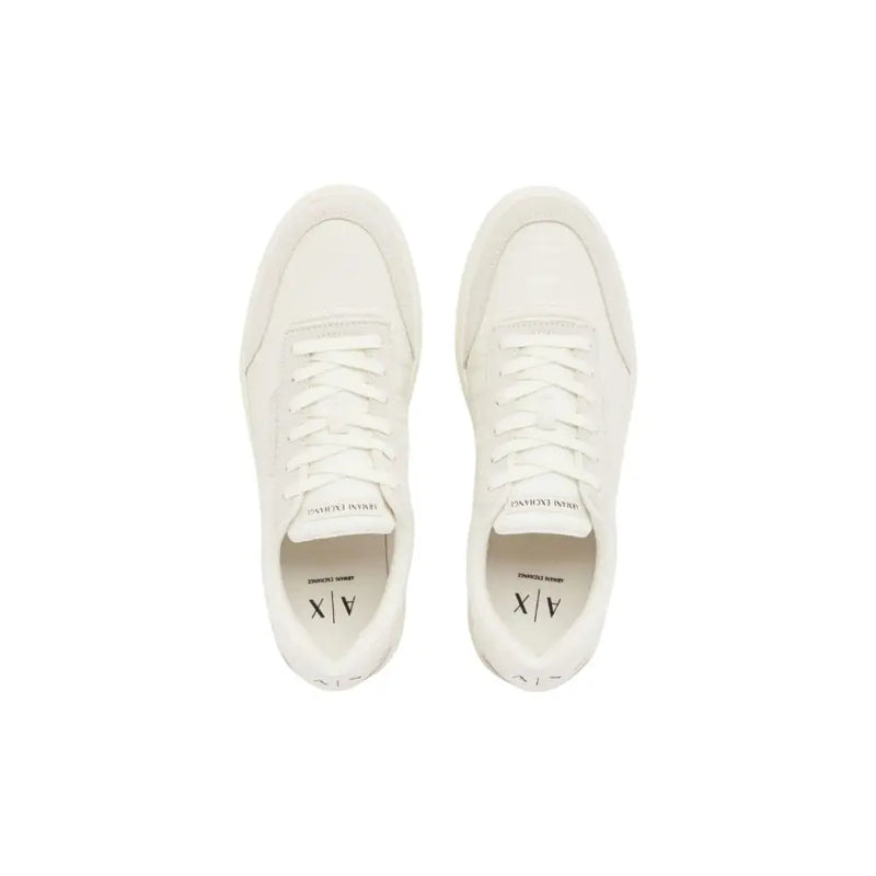 Armani Exchange men sneakers white lace up polyurethane with white leather minimalist design and subtle branding on tongue and heel