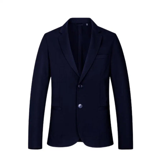 Armani Exchange men spring summer navy blue long blazer with two front buttons notched lapel and front pockets