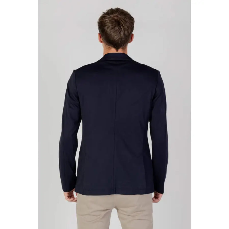 Armani Exchange men spring summer navy blue long blazer with classic tailored fit and subtle stitching details