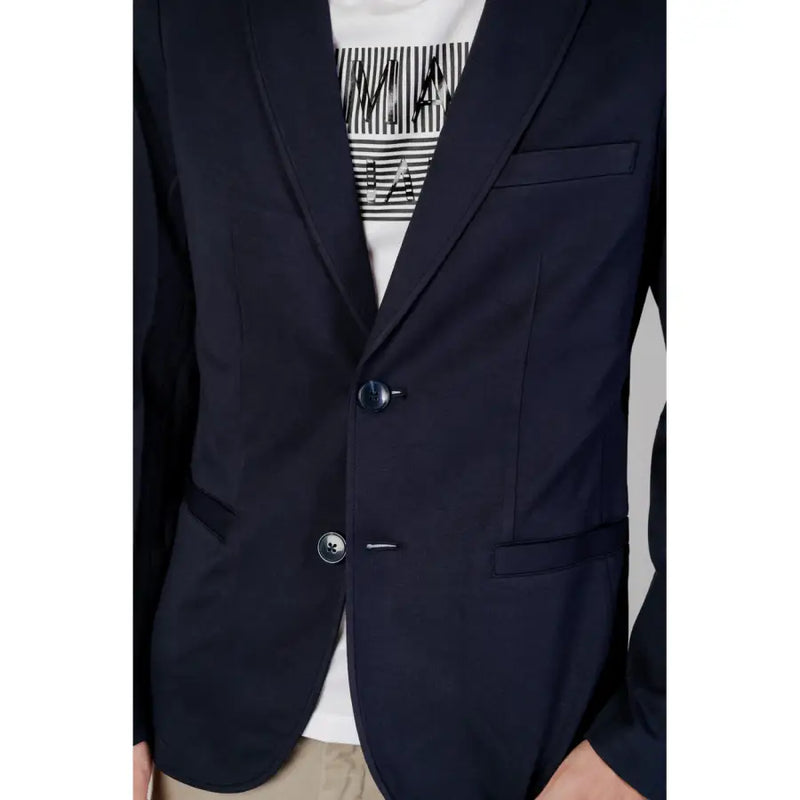 Navy blue armani exchange men spring summer long blazer with two buttons and front flap pockets