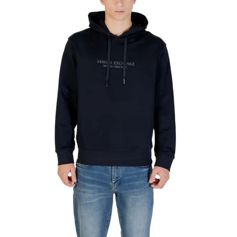 Black armani exchange men sweatshirt hoodie with subtle white chest embroidery made from soft material
