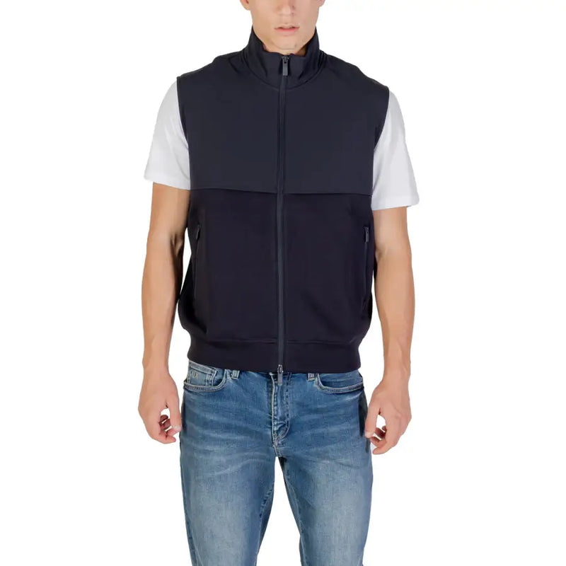 Navy blue Armani Exchange men’s sleeveless zip-up vest with high collar and two side pockets for casual wear