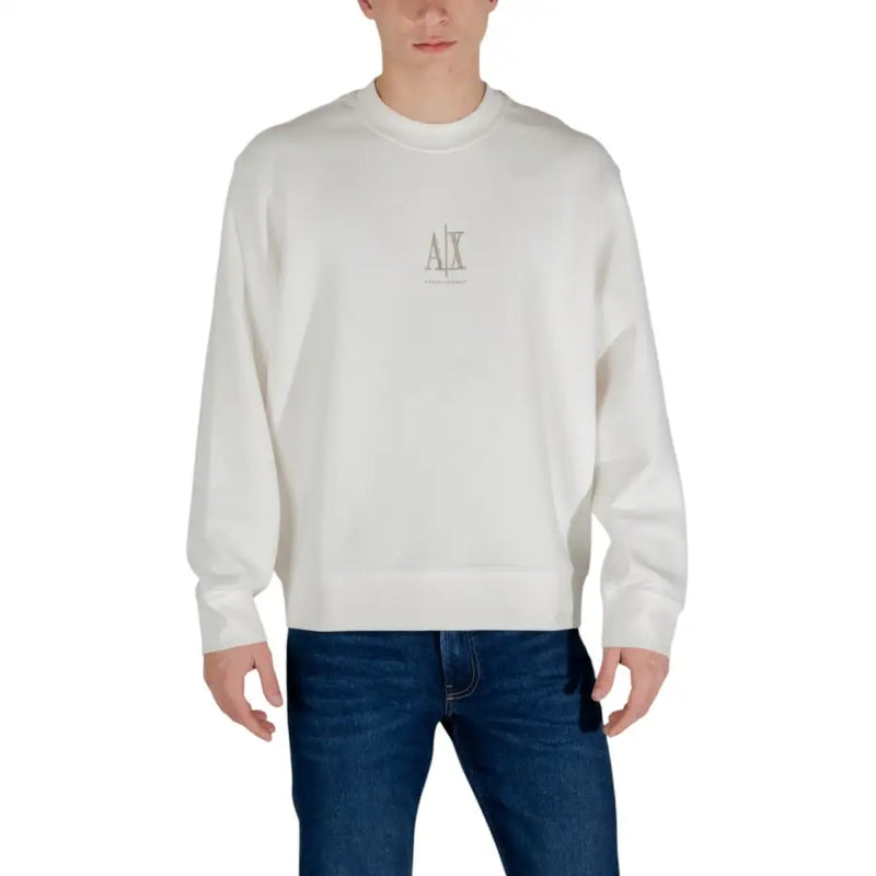 White Armani Exchange men crewneck sweatshirt with subtle silver logo embroidery on the chest in cotton blend