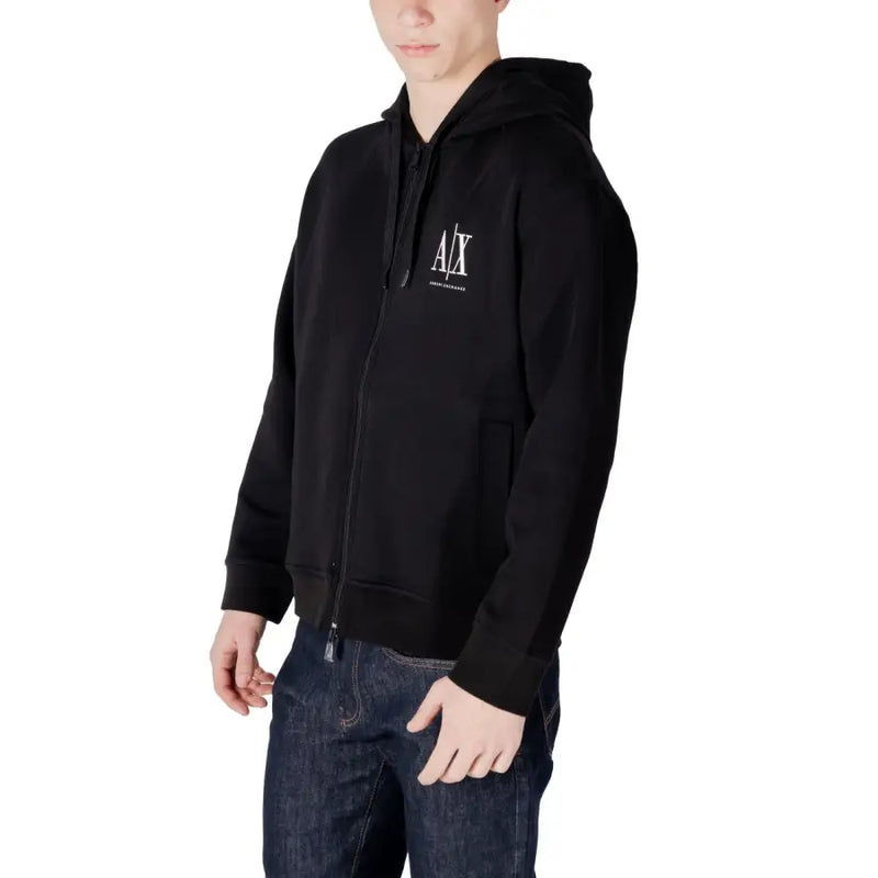 Armani Exchange men sweatshirt black zip-up hoodie with white logo on the chest made from soft material