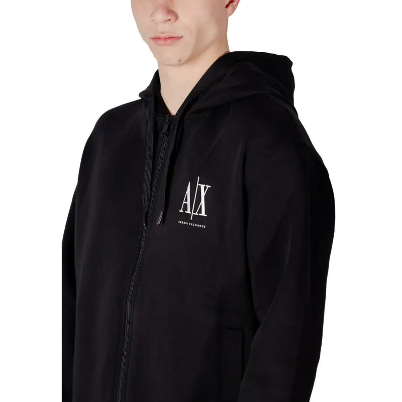 Black Armani Exchange men zip-up hoodie with white a/x logo and arrow exchange text on the chest