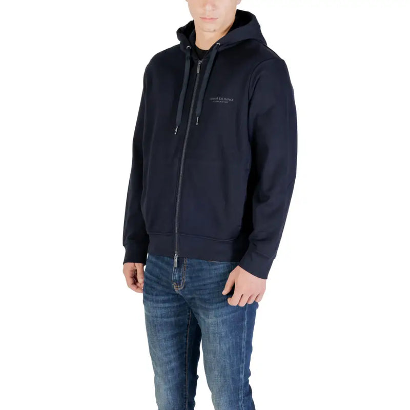 Navy blue armani exchange men zip-up hoodie with matching drawstrings and subtle embroidered logo on the chest
