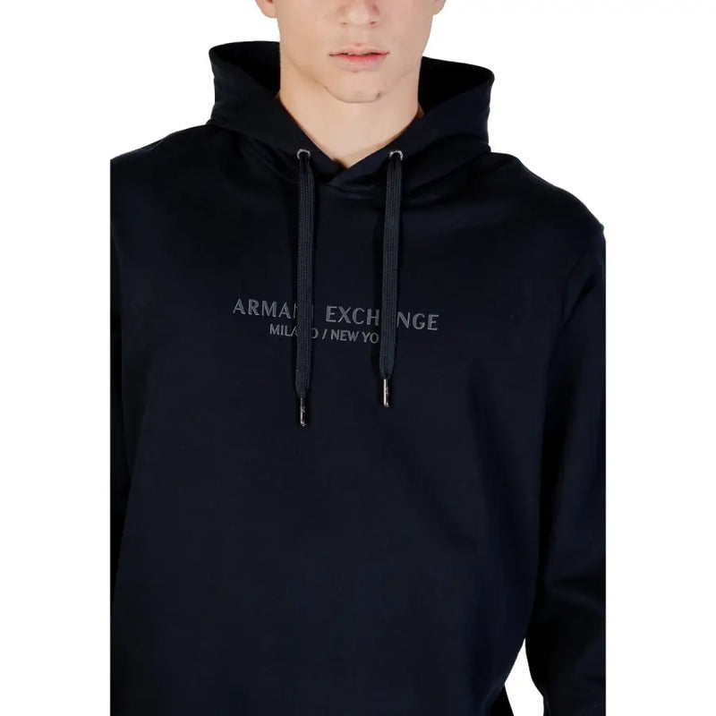Armani Exchange men sweatshirt in black with subtle embroidered logo and matching drawstrings on a hoodie design