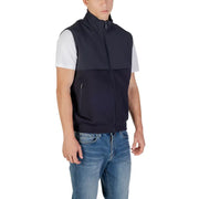 Armani Exchange men sweatshirt navy blue sleeveless zip-up vest with white shoulder panels and front zipper pocket