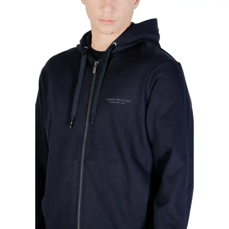 Black Armani Exchange zip-up hoodie with subtle embroidered logo on chest designed for men’s casual wear