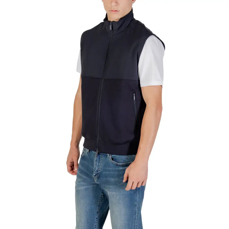 Armani Exchange men sweatshirt black zip-up vest with white short sleeves and subtle side pocket for casual wear