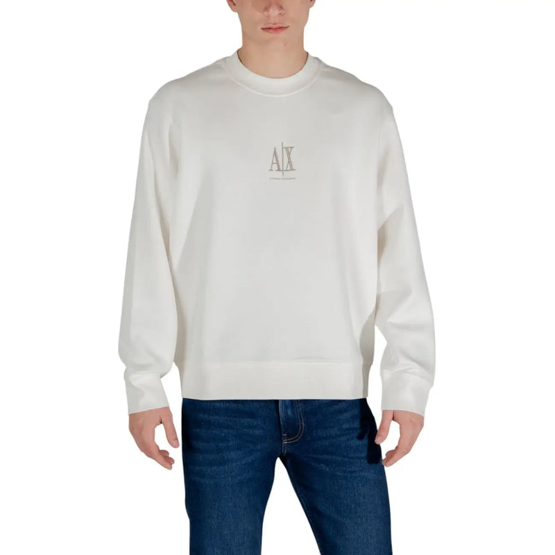 White Armani Exchange men crewneck sweatshirt with subtle silver logo embroidery on the chest in cotton blend
