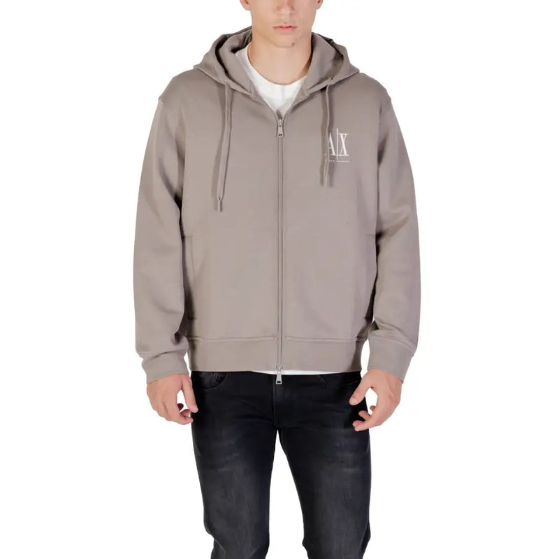 Armani Exchange men sweatshirt taupe zip-up hoodie with white embroidered logo and matching drawstrings